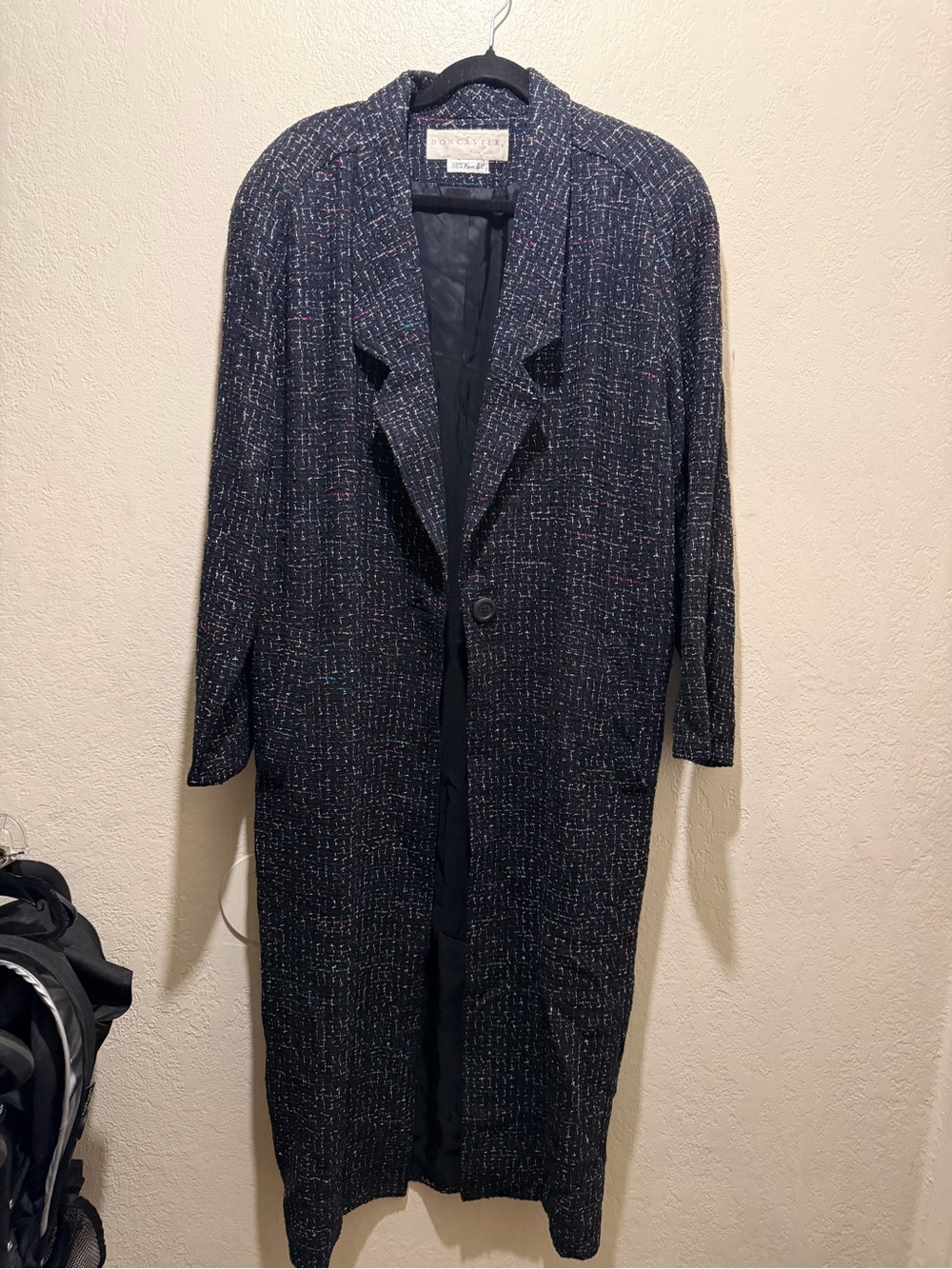 Vintage Doncaster Black Tweed Long Coat Jacket with Multicolor Flecks- Silk